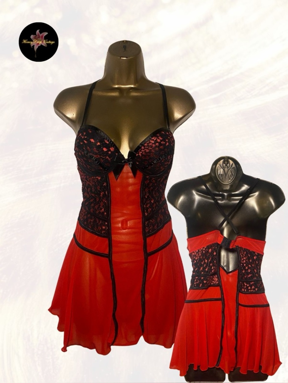 Frederick’s of Hollywood Red & Black Lace Babydoll Chemise